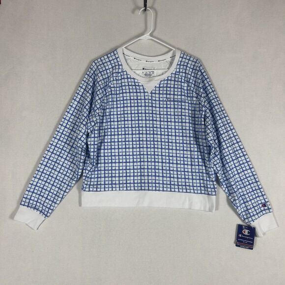 Champion NEW Women's XL Campus French Terry Crop Sweater Mini Batik Blue Checker - Picture 1 of 9